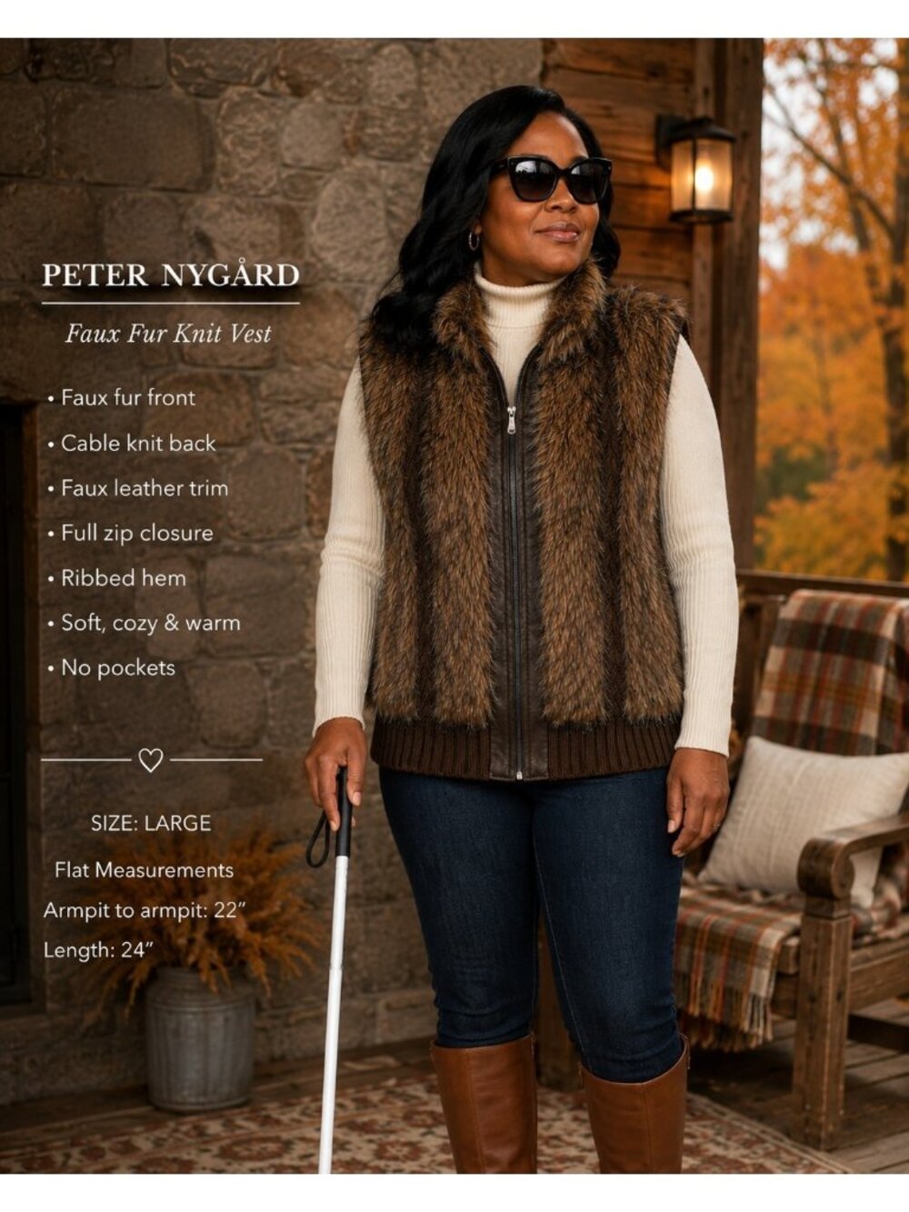Peter Nygård Faux Fur Sweater Vest Large Brown Full Zip Western Boho Cable Knit